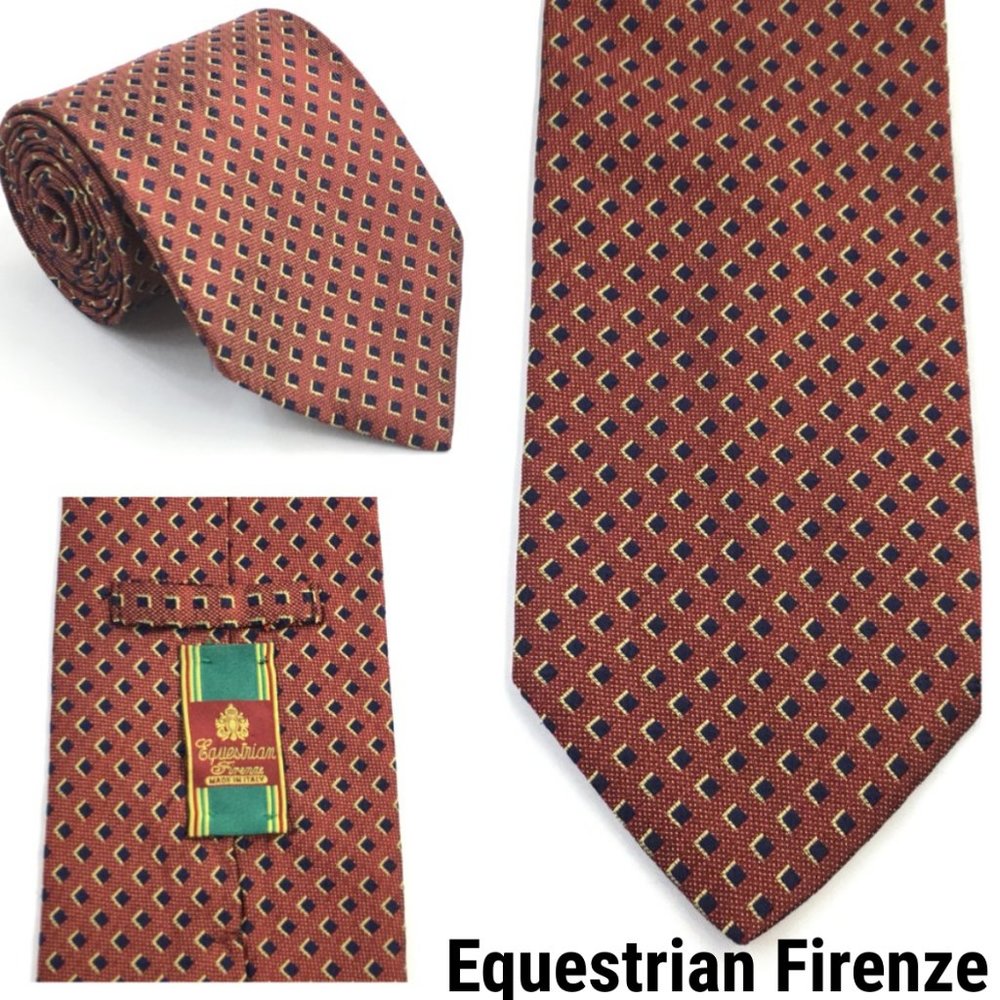 Equestrian Firenze Tie Mens Geometric Squares Silk Burnt Orange Navy Blue